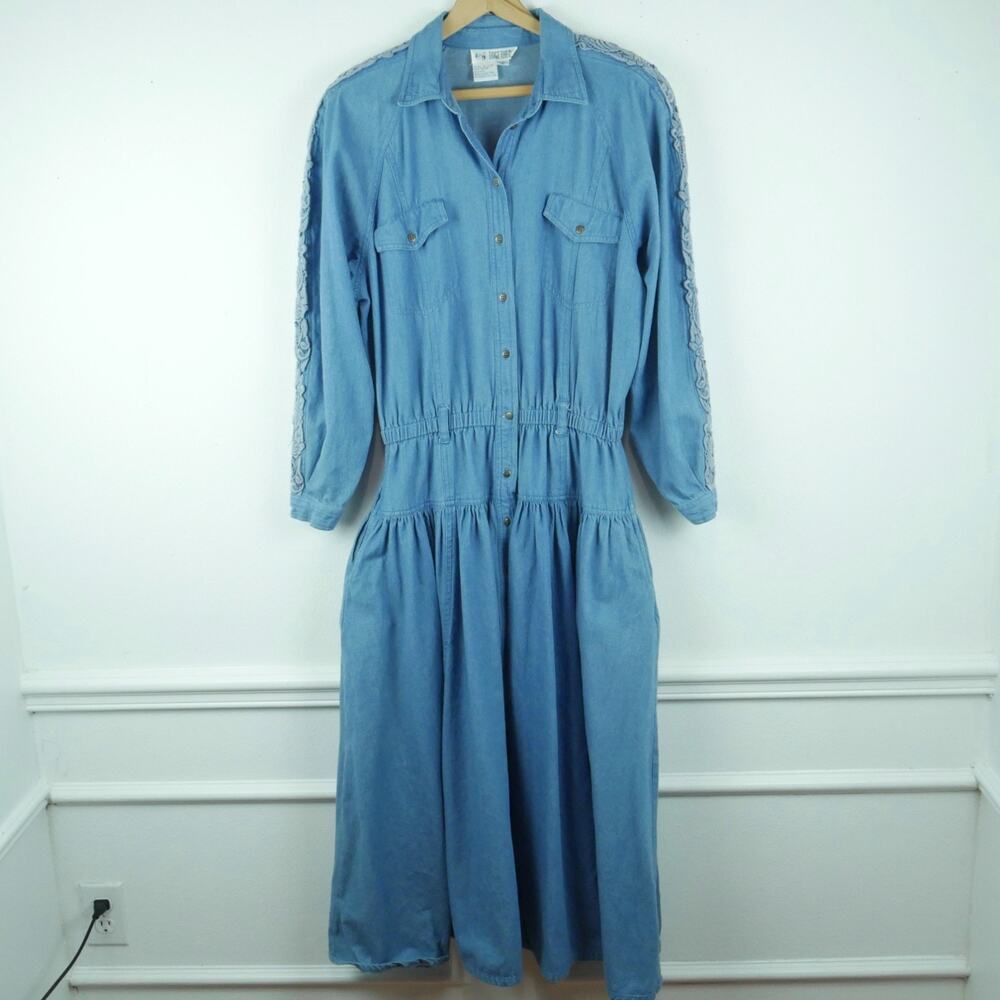 Vintage 16 Denim Shirtdress Modest Midi Western Prairie Cottagecore 90s Cowgirl